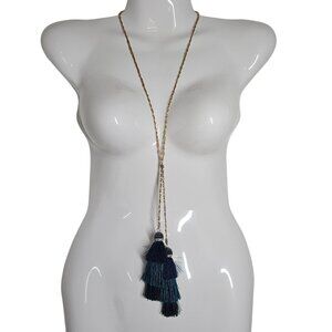 Neiman Marcus Gold-Tone Rope Chain Necklace W/ Blue & Black Tassels 19"